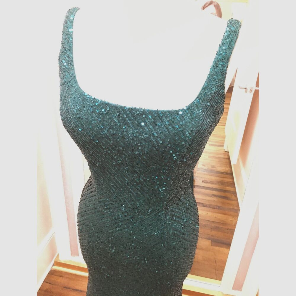 Hunter Green StretchSequin Evening Dress Sleeveless Square Neck Low Back Slit B2 - Picture 8 of 11
